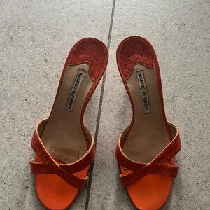 Manolo Blahnik CALLAMU orang ALLIGATOR CROCODILE mule